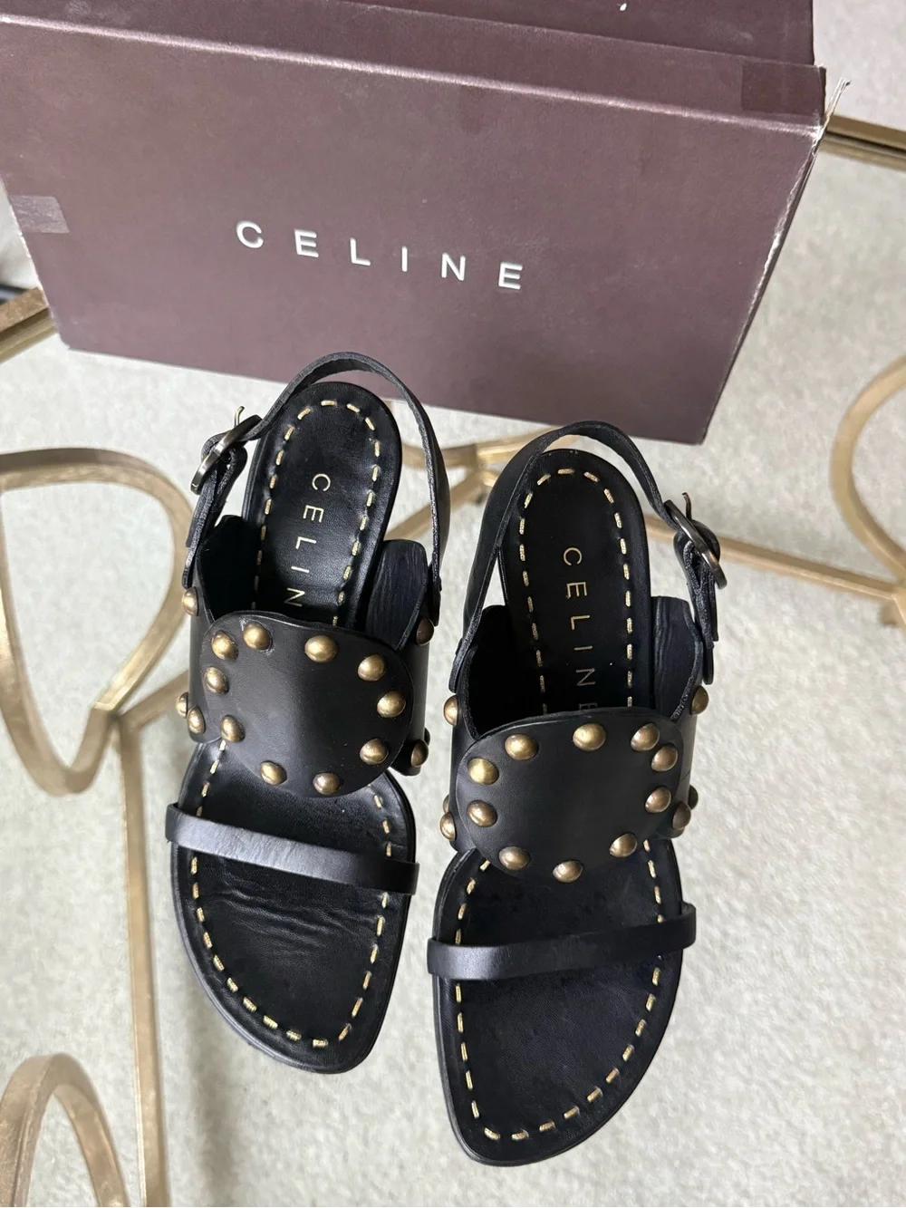 Celine Black Leather Gold Studded Punjab Sandals MSRP approx $1200